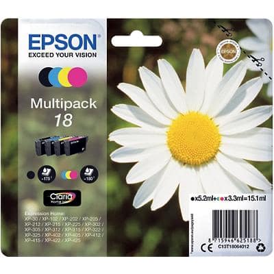 Epson 18 Original Ink Cartridge C13T18064012 Black& 3 Colours Multipack Pack of 4