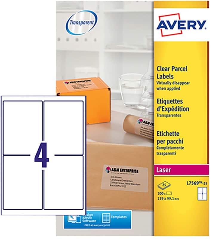 Avery L7569-25 Parcel Labels 139 x 99.1 mm Clear 25 Sheets of 4 Labels