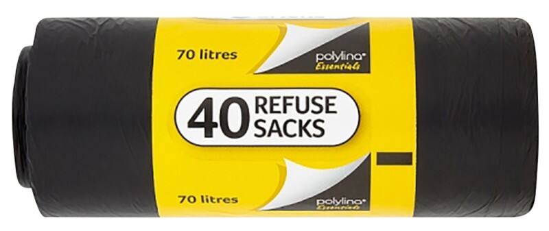 Polylina Light Duty Bin Bags 70 L Black PE (Polyethylene) 13 microns Pack of 40