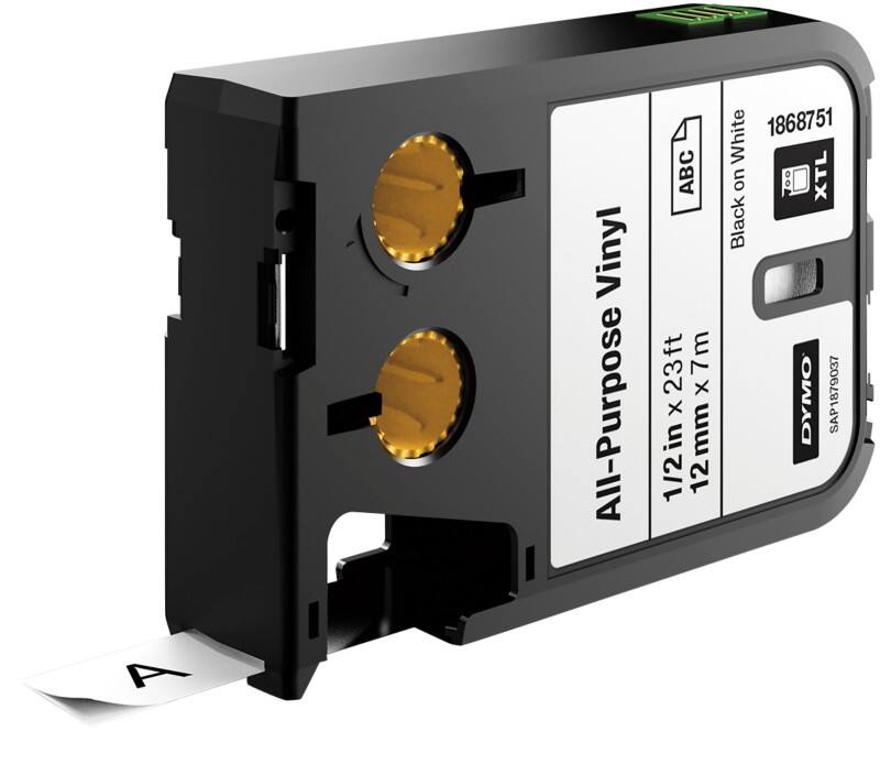 Dymo XTL 1868751 Authentic Vinyl Label Tape Self Adhesive Black Print on White 12 mm x 7.5m