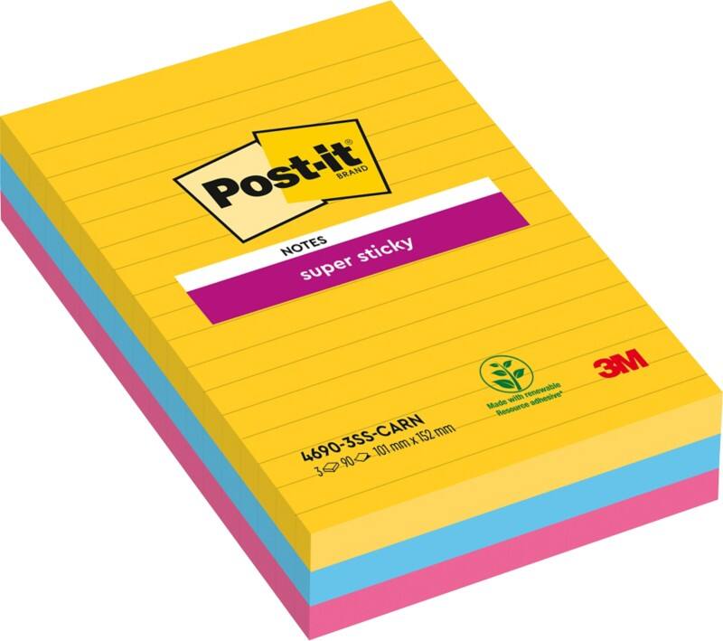 Post-it Rio De Janeiro Super Sticky Notes 101 x 152 mm Assorted Rectangular Ruled 3 Pads of 90 Sheets