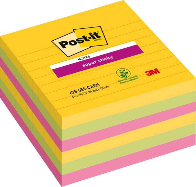 Post-it Super Sticky Notes 101 x 101 mm Assorted Square Ruled 6 Pads of 90 Sheets