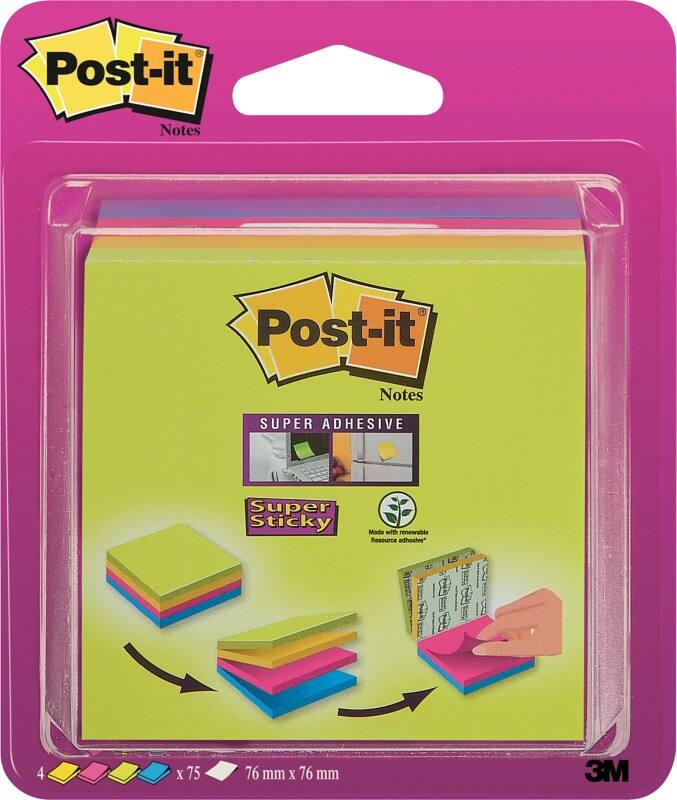 Post-it Super Sticky Notes Cube 76 x 76 mm Neon Assorted Colours 75 sheets