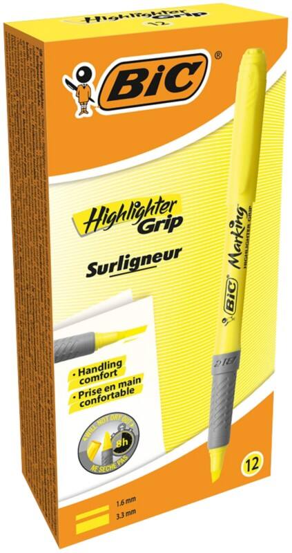 BIC Grip Highlighter Yellow Medium Chisel 1.6 - 3.3 mm Pack of 12