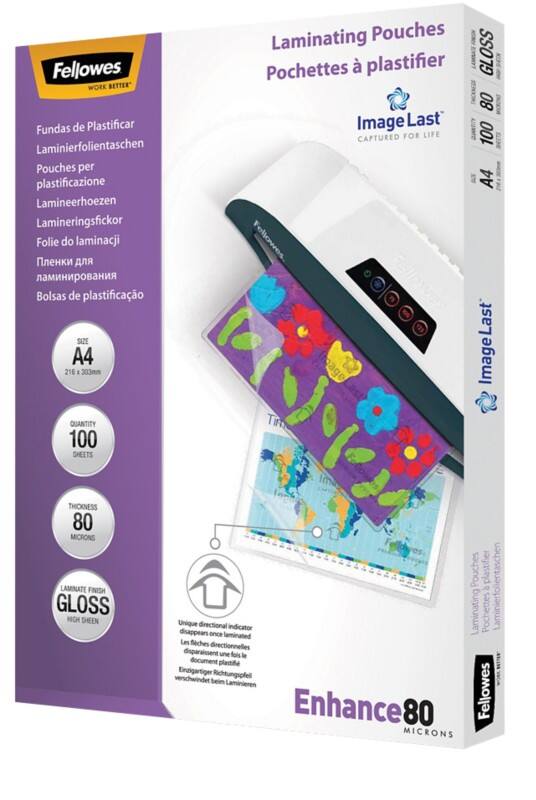 Fellowes ImageLast Enhance Laminating Pouch A4 Glossy 80 microns (2 x 80) Transparent Pack of 100