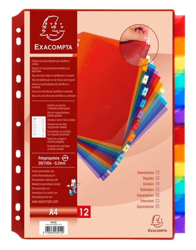 Exacompta Blank Blank Dividers A4 Assorted 12 Part PP (Polypropylene) 11 Holes 3912E