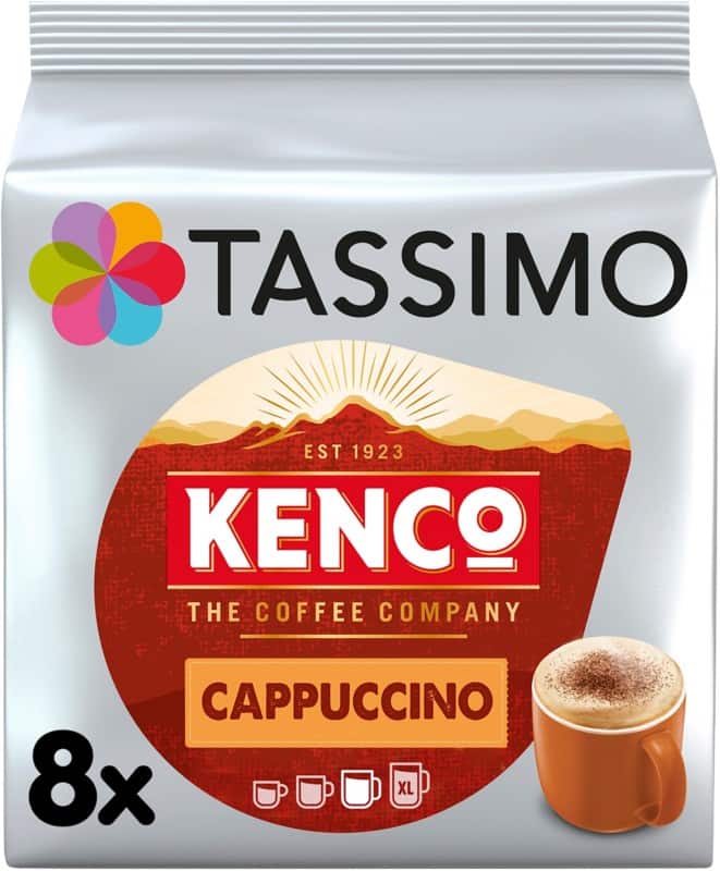 TASSIMO Cappuccino Coffee Pods Pack of 8 + 8 Concentrated Milk Cups