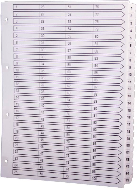 Exacompta 1 to 100 Numerical Dividers A4 White 100 Part Cardboard 11 Holes MWD1-100Z