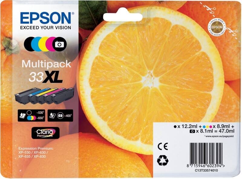 Epson 33XL Original Ink Cartridge C13T33574011 Black, Cyan,Magenta, Yellow Multipack Pack of 5
